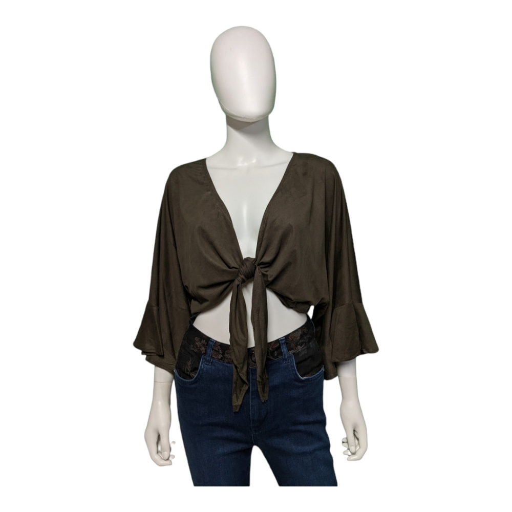 Olivaceous Crop Knot-Front Top Dark Green S
